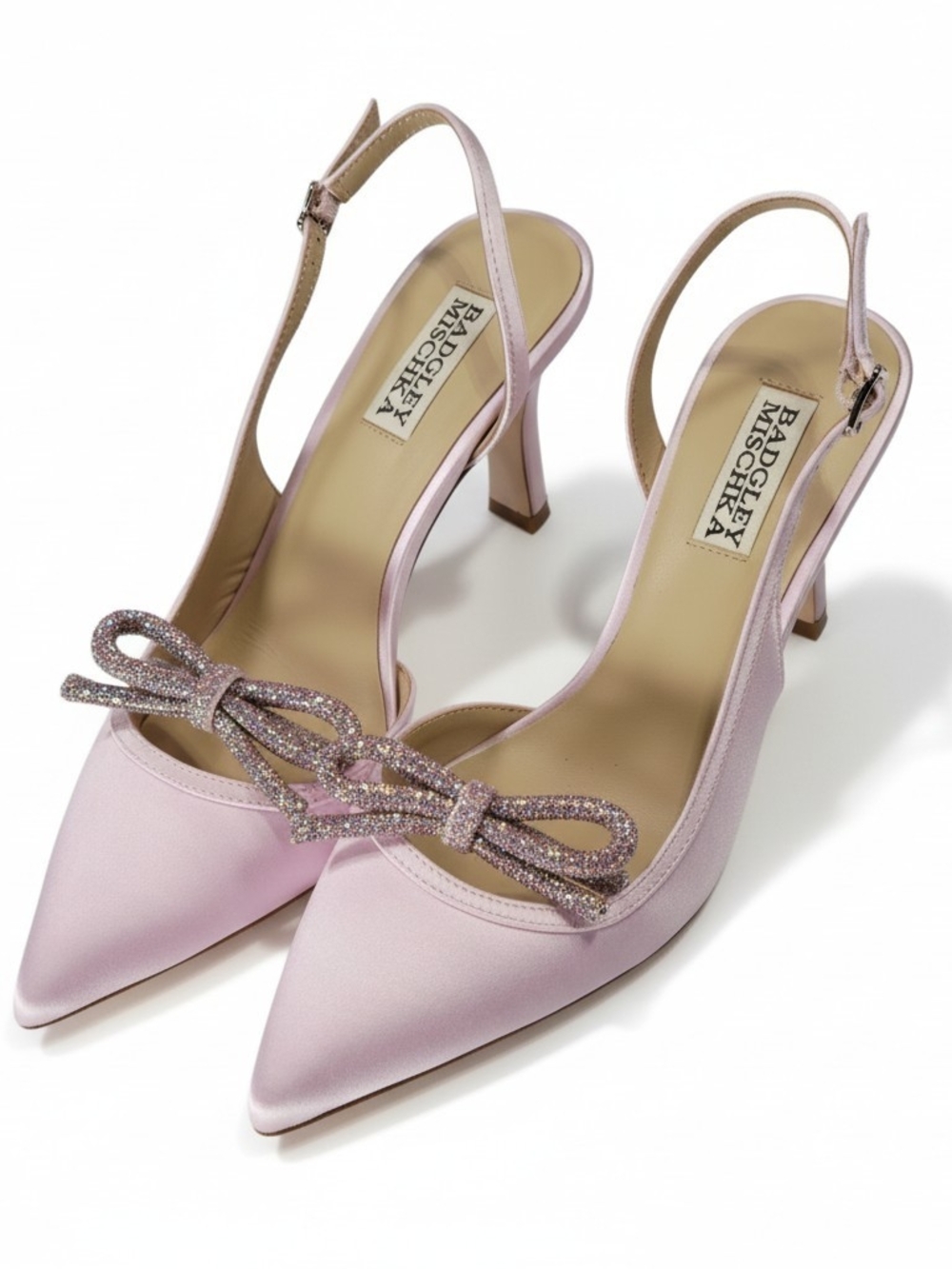 Badgley Mischka Pink Satin Pointed Slingback Pumps with Glitter Bow